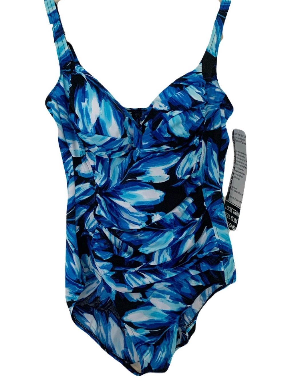 NWT Trimshaper Women’s 16 Blue Abstract Floral Print One-Piece Swimsuit Beach